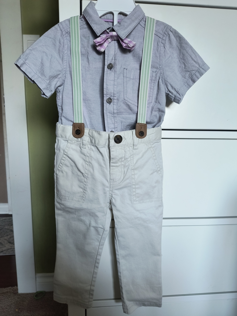 Cat & Jack Mint Stripe Suspenders with Purple Plaid Bow Tie